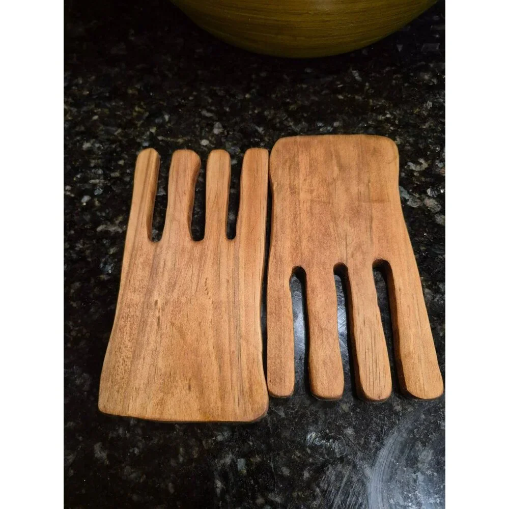 Handmade Cedar Salad Hands Rustic Wooden Serving Forks Eco-Friendly